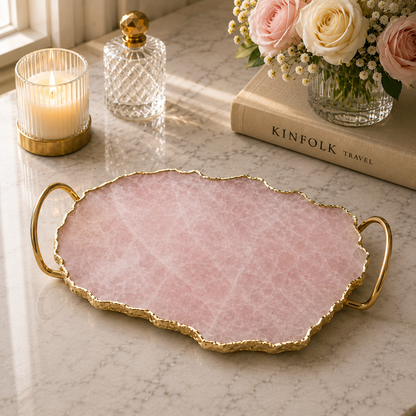 Rose Quartz Agate Organic Edge Tray — Brass Loop Handles