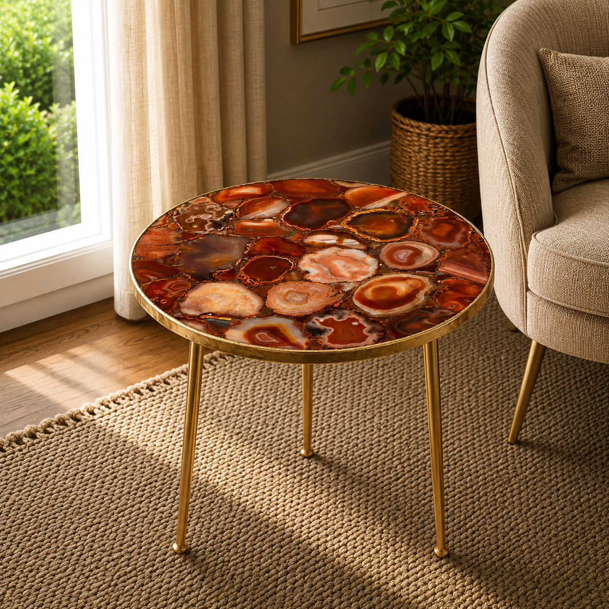 Maroon Red Agate Round Side Table