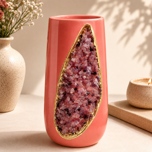 Pink Ceramic Long Teardrop Vase with Crystal Inlay