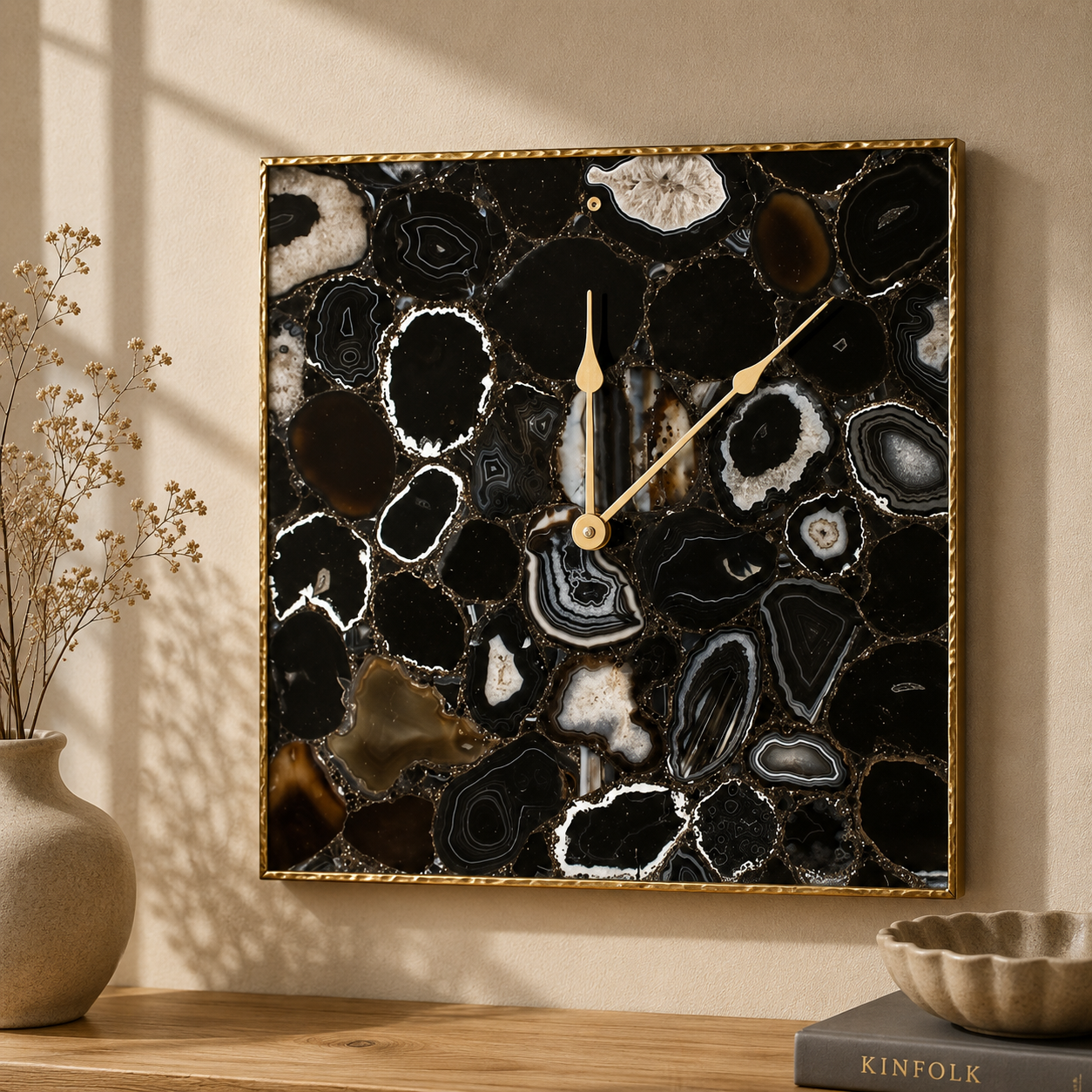 Black agate square wall clock collection showing Gold, Silver and Rose Gold finish options