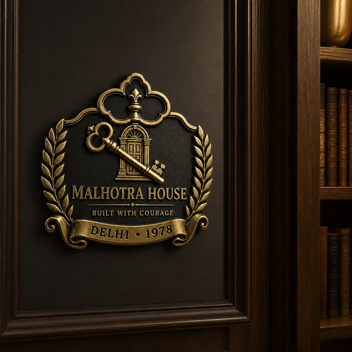 Personalised brass name plate with a family crest, key and doorway, on a dark panelled wall