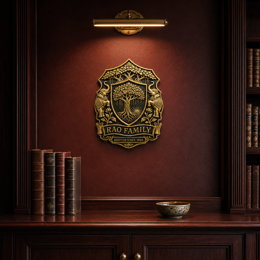 Personalised banyan family crest in antique brass on a deep red panelled library wall