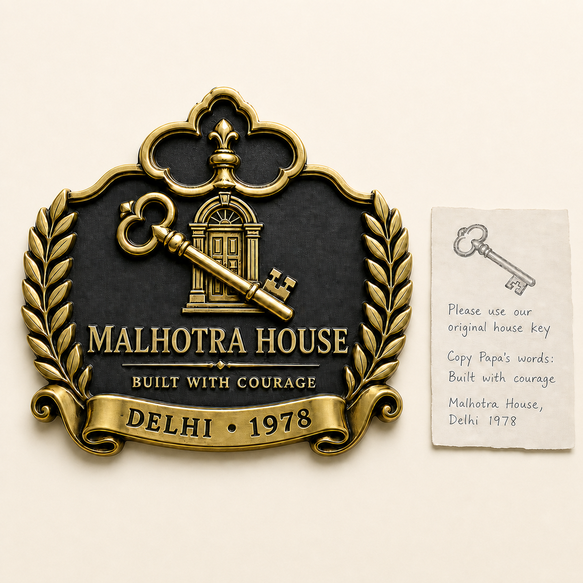 Antique brass name plate shown beside the handwritten customer brief it was made from