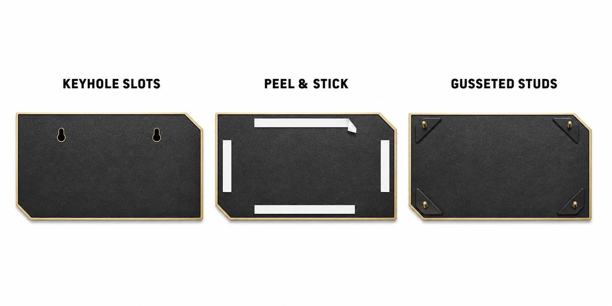 Mounting diagram for the Mid-Century Modern plaque comparing keyhole slots, peel-and-stick tape and gusseted studs