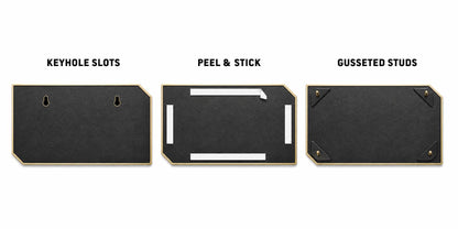 Mounting diagram for the Mid-Century Modern plaque comparing keyhole slots, peel-and-stick tape and gusseted studs