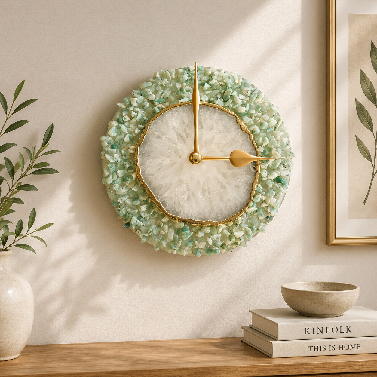 Light green crystal agate wall clock 6-inch, India | The Tangerine Store