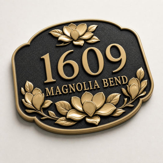 Angled Magnolia Bloom plaque with raised number, one name line and magnolia flowers