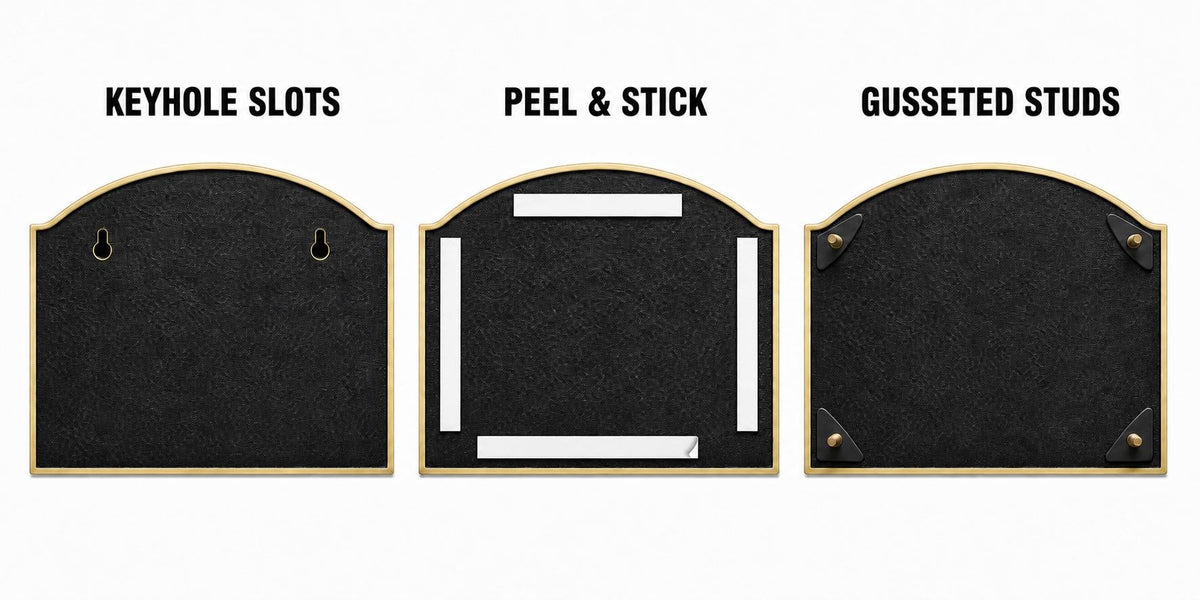 Mounting diagram for the Arched Laurel plaque comparing keyhole slots, peel-and-stick tape and gusseted studs