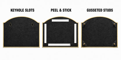 Mounting diagram for the Arched Laurel plaque comparing keyhole slots, peel-and-stick tape and gusseted studs