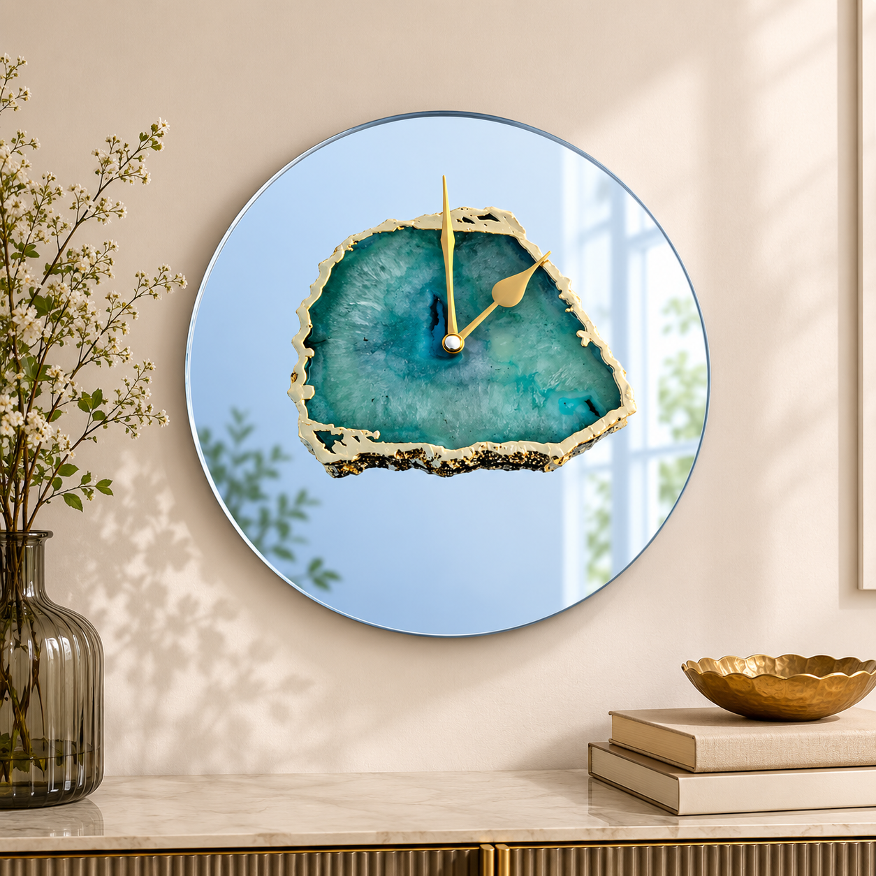 Aqua Agate Mirror Wall Clock – 10 Inch | Gold finish | The Tangerine Store