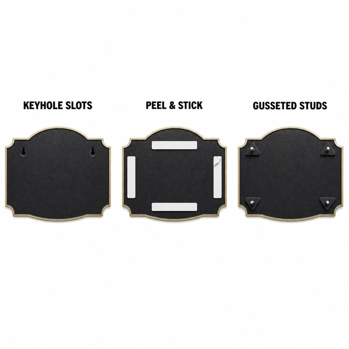Mounting diagram for the Peacock plaque comparing keyhole slots, peel-and-stick tape and studs