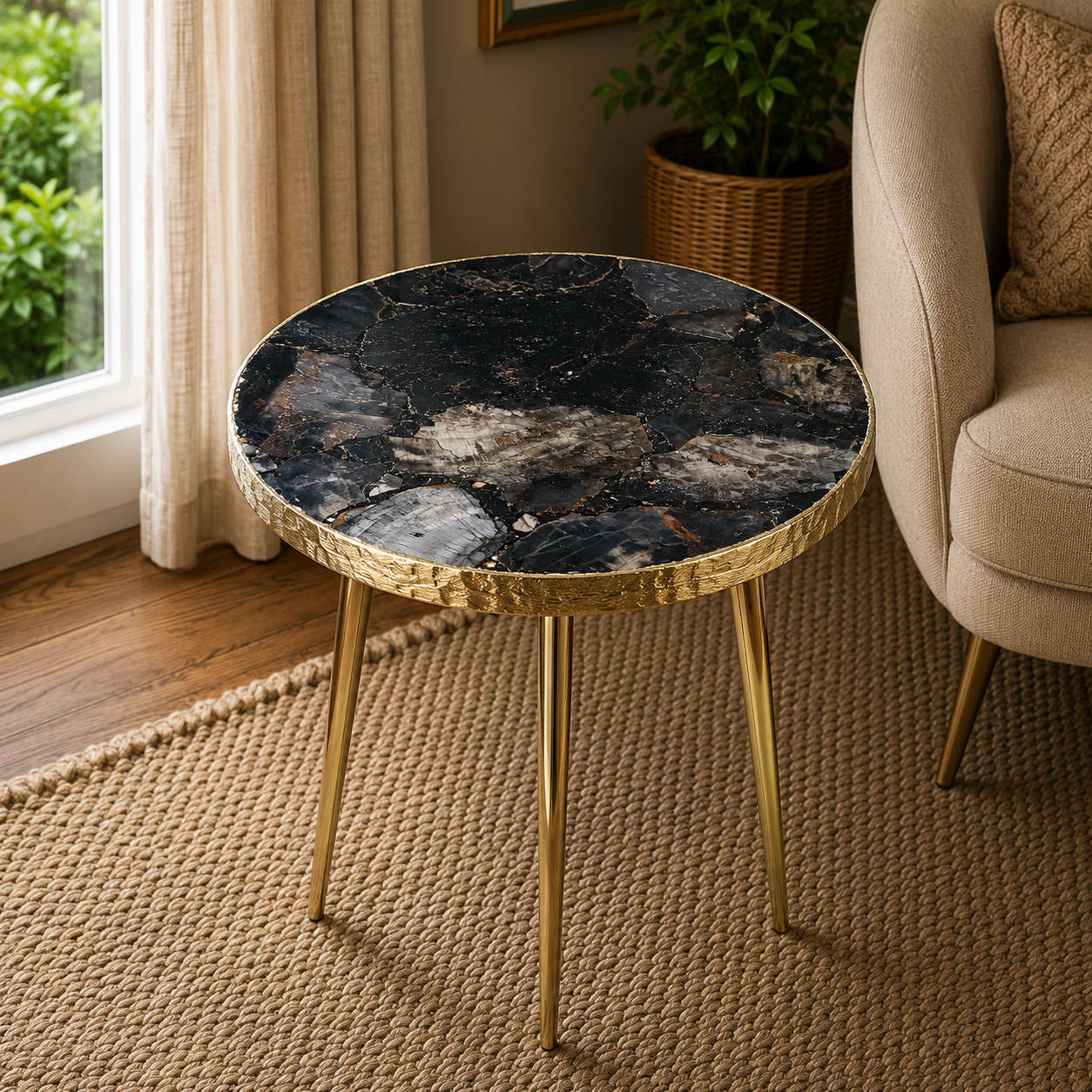 Black Petrified Wood Round Side Table