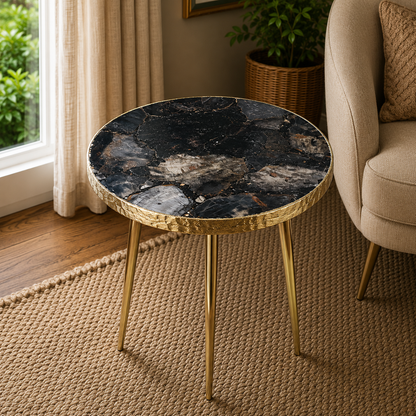 Black Petrified Wood Round Side Table