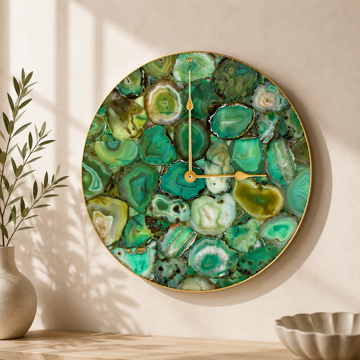 Light Green Agate Circular Wall Clock – 16 Inch | Gold finish | The Tangerine Store