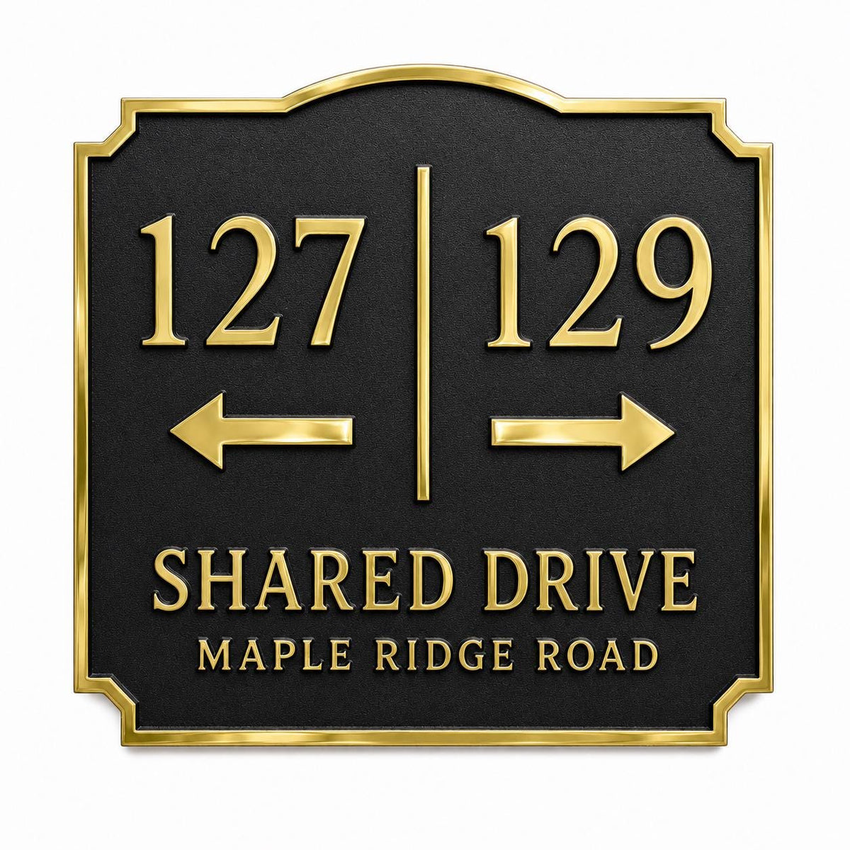 Shared Driveway plaque in antique brass, front view showing the raised design and lettering