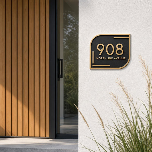 Modern Asymmetric plaque, pictured on a pale entrance wall beside timber slats