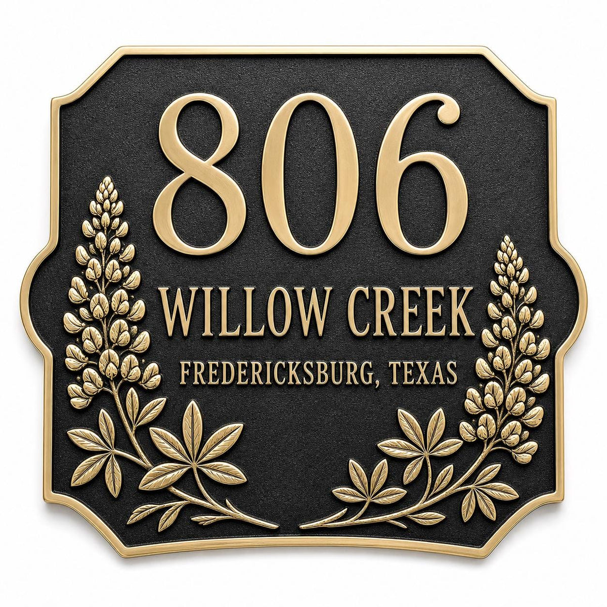 Front of the Lupine name plate with raised number, two wording lines and lupine flowers