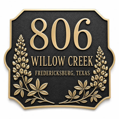 Front of the Lupine name plate with raised number, two wording lines and lupine flowers