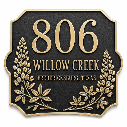Front of the Lupine name plate with raised number, two wording lines and lupine flowers