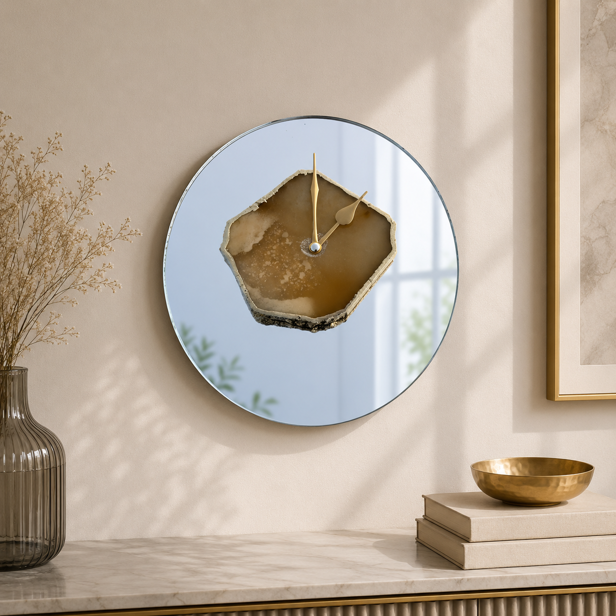 Mustard Yellow Mirror Agate Wall Clock – 10 Inch | Gold finish | The Tangerine Store