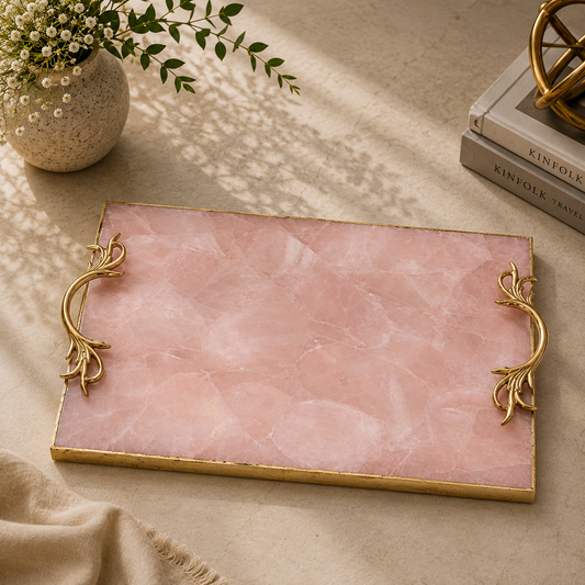 Rose Quartz Rectangular Tray with Botanical Leaf brass handles – soft blush-pink rose quartz, gold frame, India