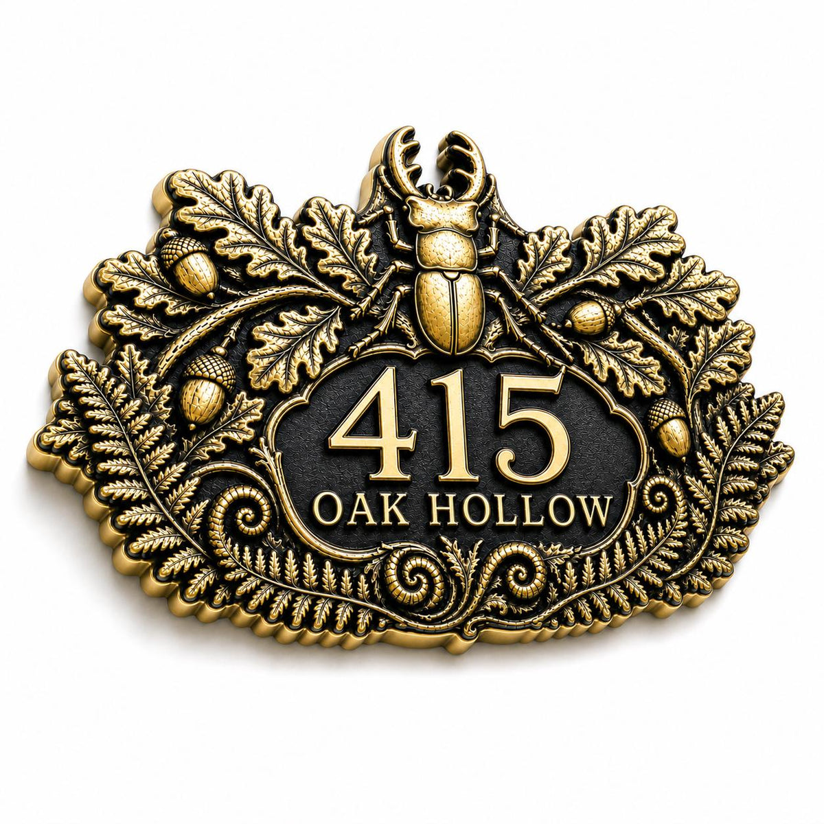 Stag Beetle and Oak plaque in antique brass, angled view showing the relief, outline and lettering