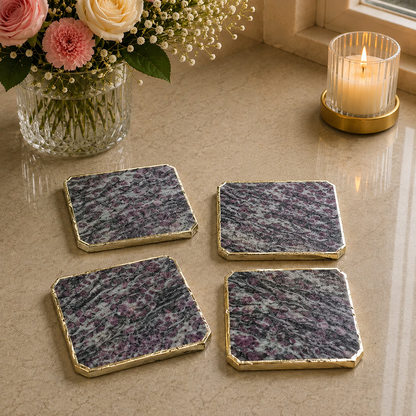 Lepidolite organic edge coasters, set of 4 in natural stone with an electroformed metal edge