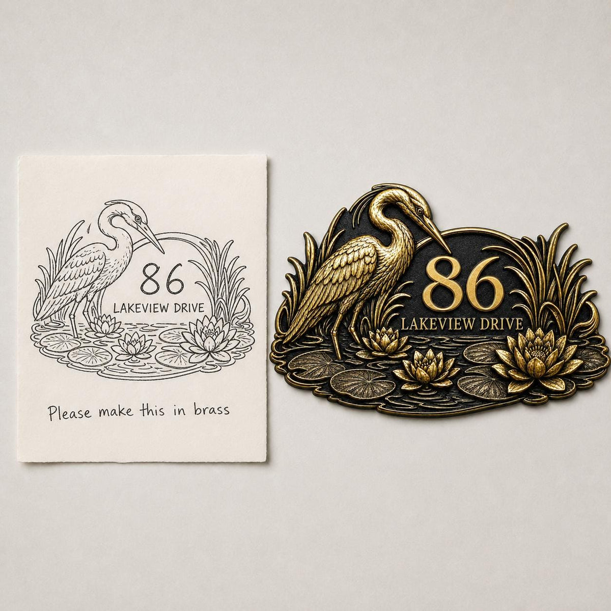 Heron and Waterlilies plaque in antique brass, design-reference composition with the pictured sketch or wording beside the finished plaque