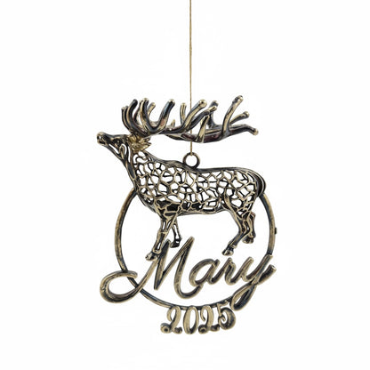 Personalised Reindeer christmas ornament | metallic tree decoration in gold, silver or antique | set of 2 or 4