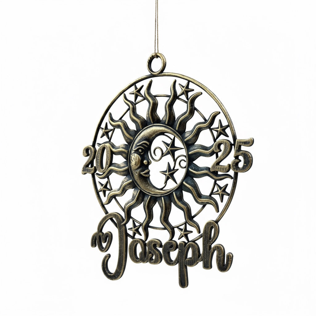 Personalised sun and moon christmas ornament set | metallic holiday decor in gold, silver or antique | set of 2 or 4