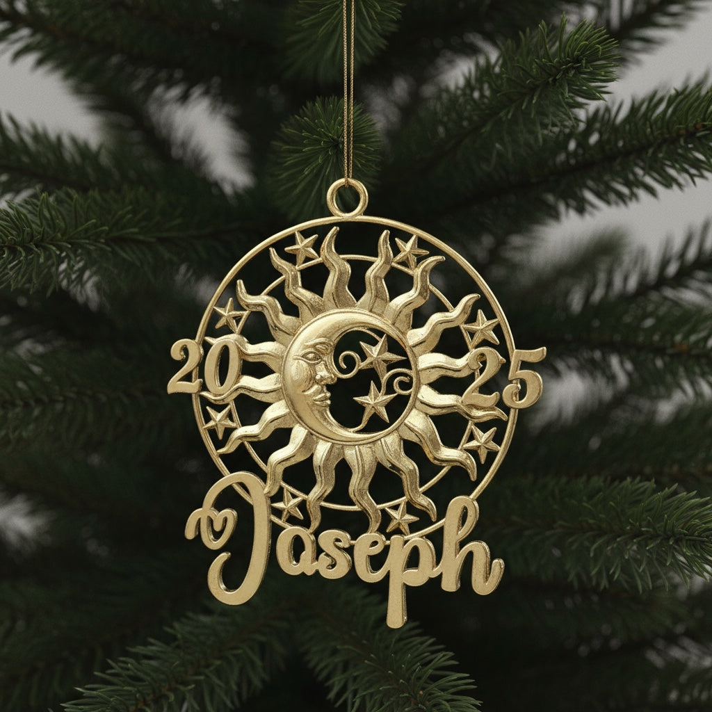 Personalised sun and moon christmas ornament set | metallic holiday decor in gold, silver or antique | set of 2 or 4