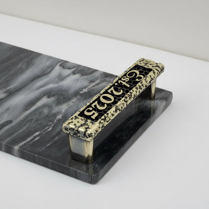Personalised black marble serving tray | custom engraved handles in antique finish
