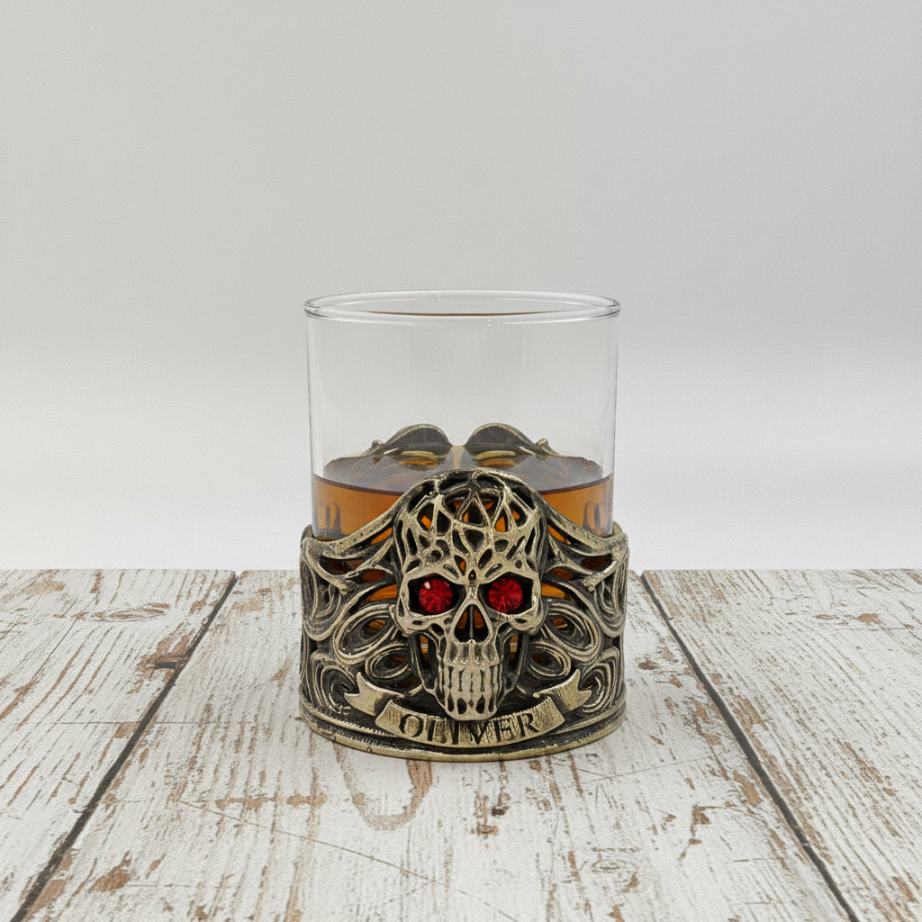 Personalized Skull Whisky Glass | Custom Engraved Whiskey Glass with Skull Holder | Gothic Gift