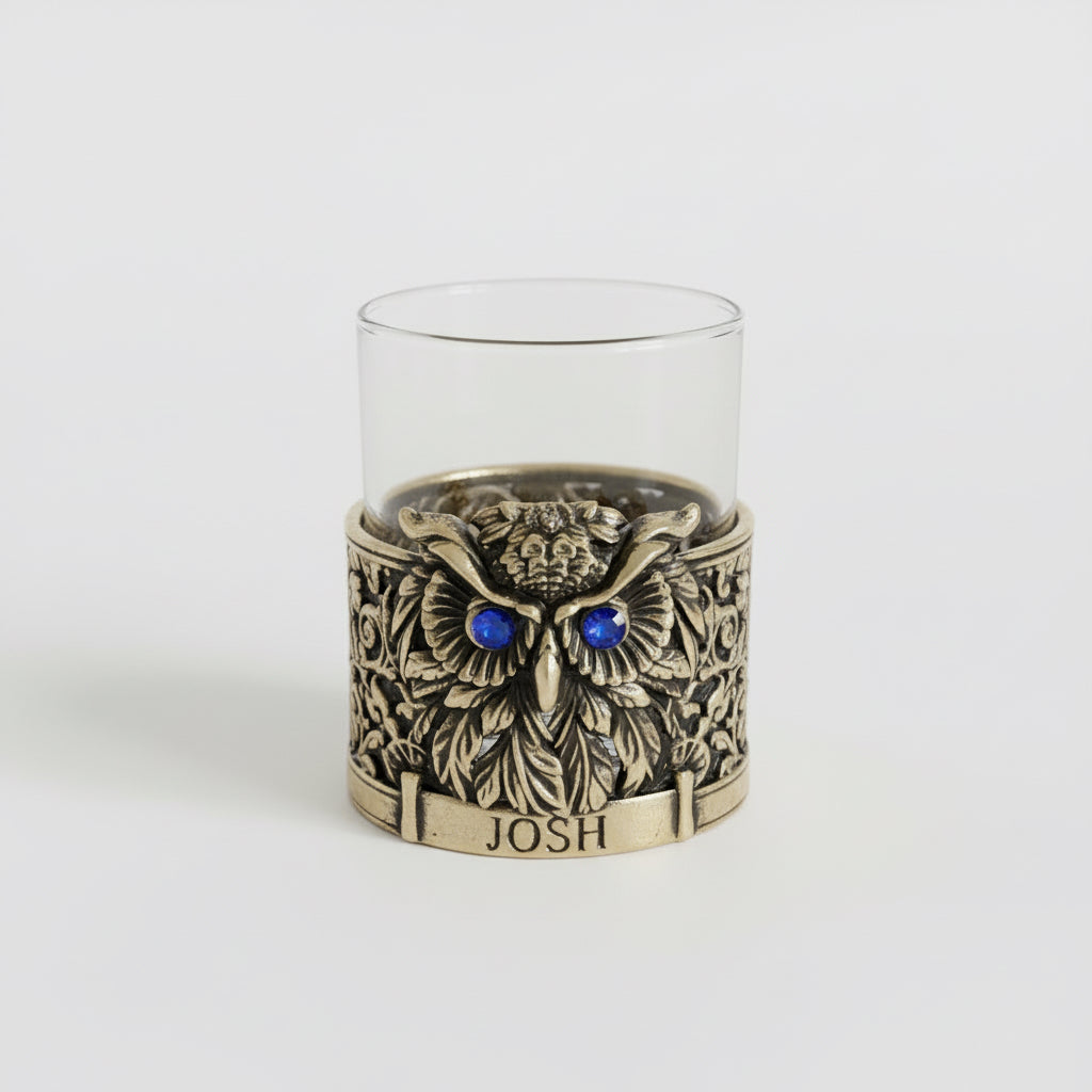 Personalized Owl Whisky Glass | Custom Engraved Whiskey Glass with Owl Holder | Handmade Gift