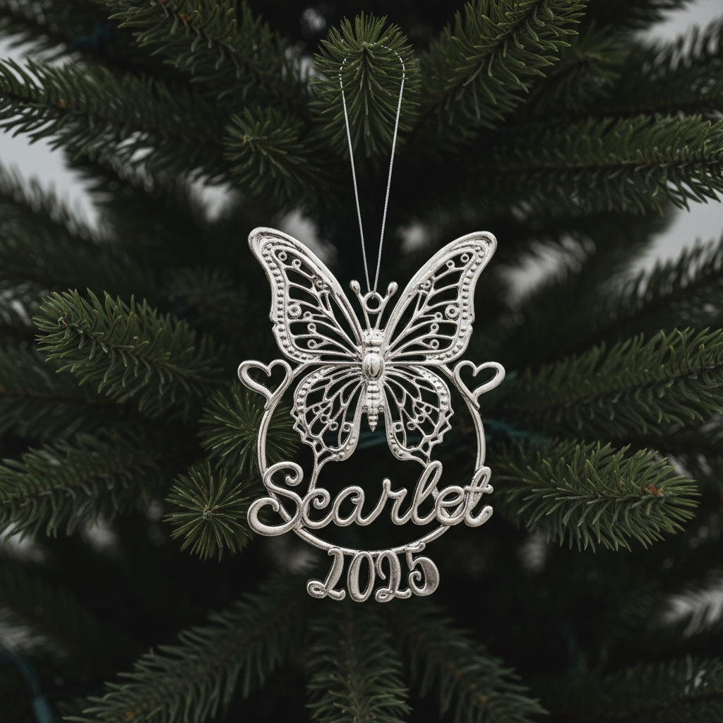 Personalised Butterfly Christmas ornament | metallic filigree name tag in gold, silver or antique | set of 2 or 4