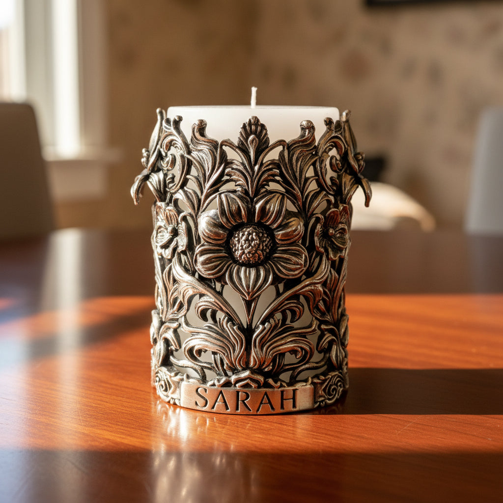 Personalized Antique Brass Candle Holder | Floral Pillar Candle Stand | Handmade Home Décor