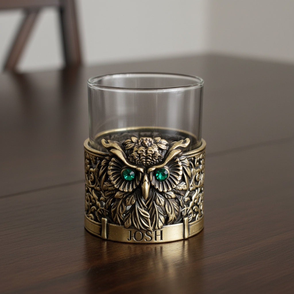 Personalized Owl Whisky Glass | Custom Engraved Whiskey Glass with Owl Holder | Handmade Gift