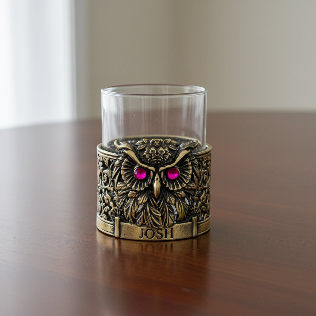 Personalized Owl Whisky Glass | Custom Engraved Whiskey Glass with Owl Holder | Handmade Gift
