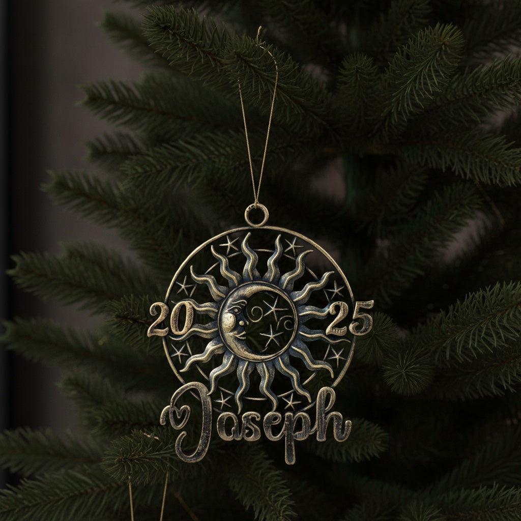Personalised sun and moon christmas ornament set | metallic holiday decor in gold, silver or antique | set of 2 or 4