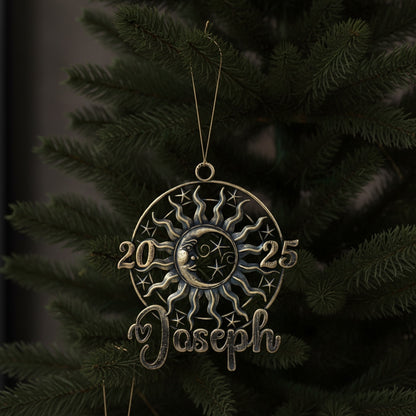 Personalised sun and moon christmas ornament set | metallic holiday decor in gold, silver or antique | set of 2 or 4