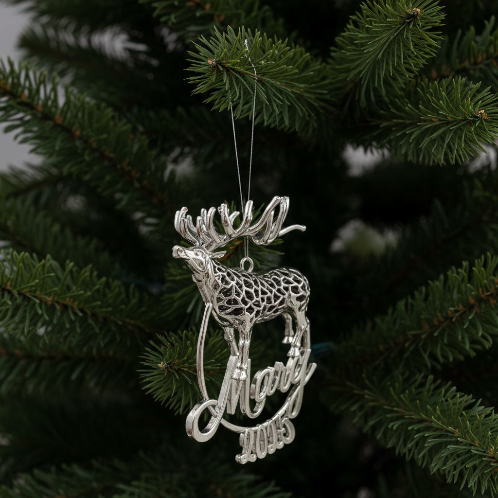 Personalised Reindeer christmas ornament | metallic tree decoration in gold, silver or antique | set of 2 or 4