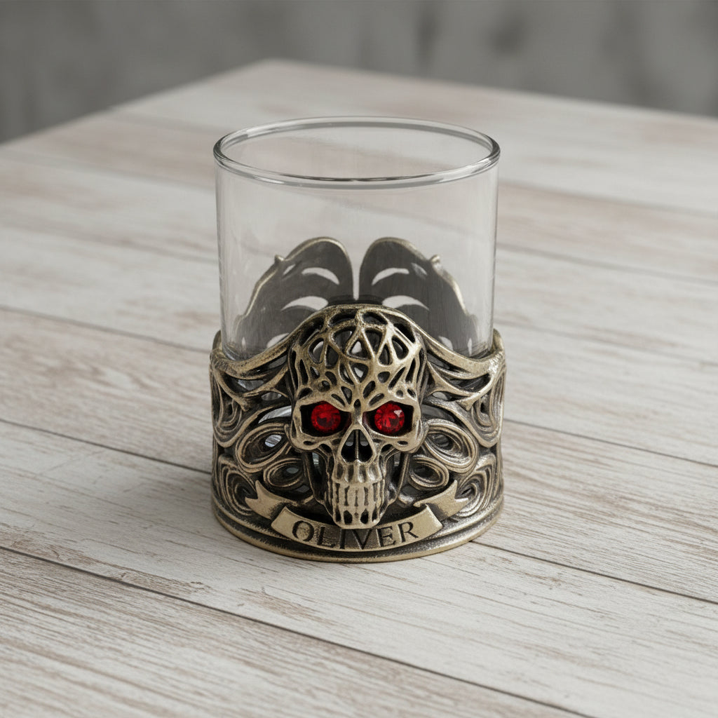 Personalized Skull Whisky Glass | Custom Engraved Whiskey Glass with Skull Holder | Gothic Gift