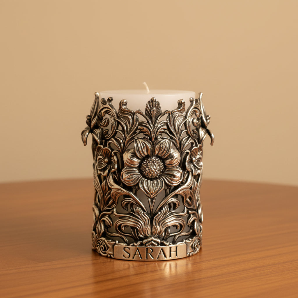 Personalized Antique Brass Candle Holder | Floral Pillar Candle Stand | Handmade Home Décor