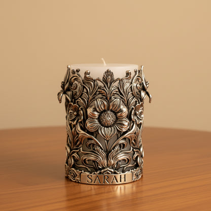 Personalized Antique Brass Candle Holder | Floral Pillar Candle Stand | Handmade Home Décor