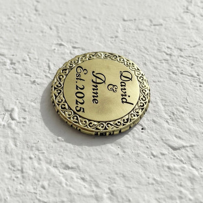 Custom engraved round coasters | Personalised metal name decor in gold, silver or antique | set of 4