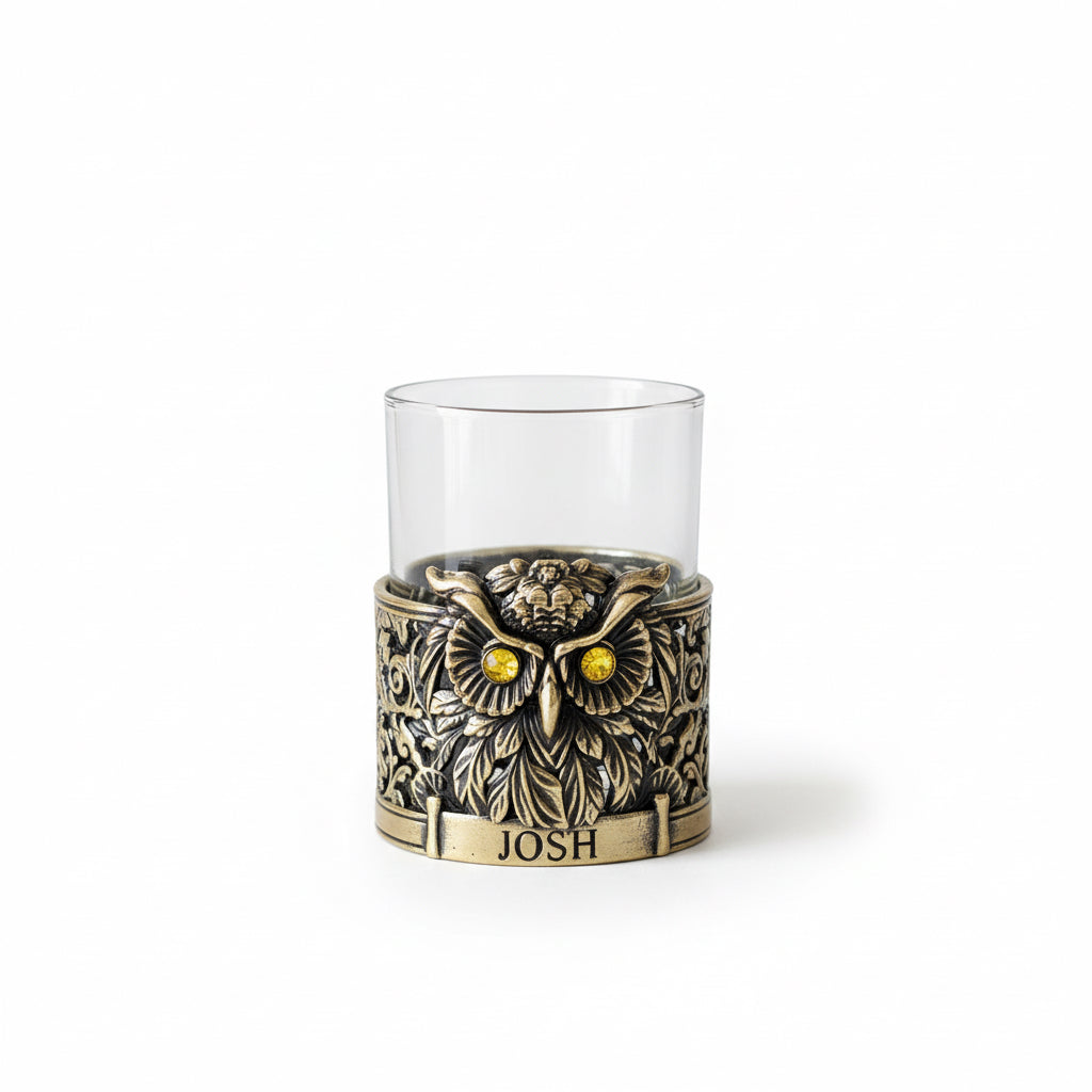Personalized Owl Whisky Glass | Custom Engraved Whiskey Glass with Owl Holder | Handmade Gift