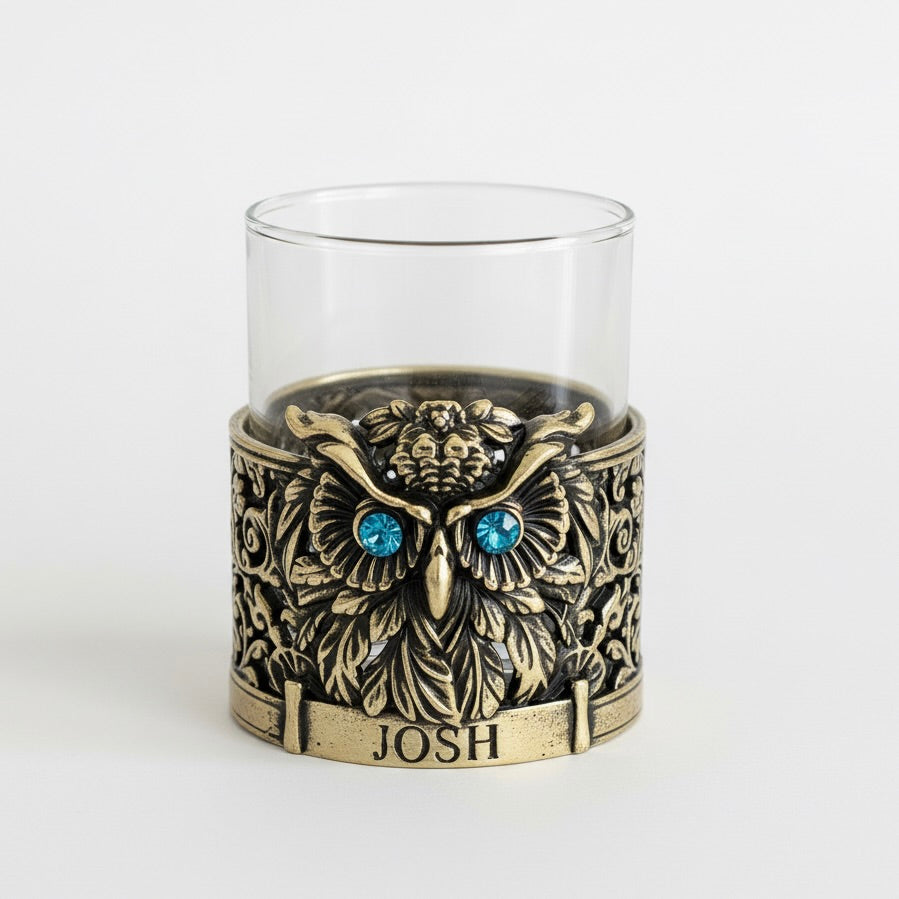 Personalized Owl Whisky Glass | Custom Engraved Whiskey Glass with Owl Holder | Handmade Gift