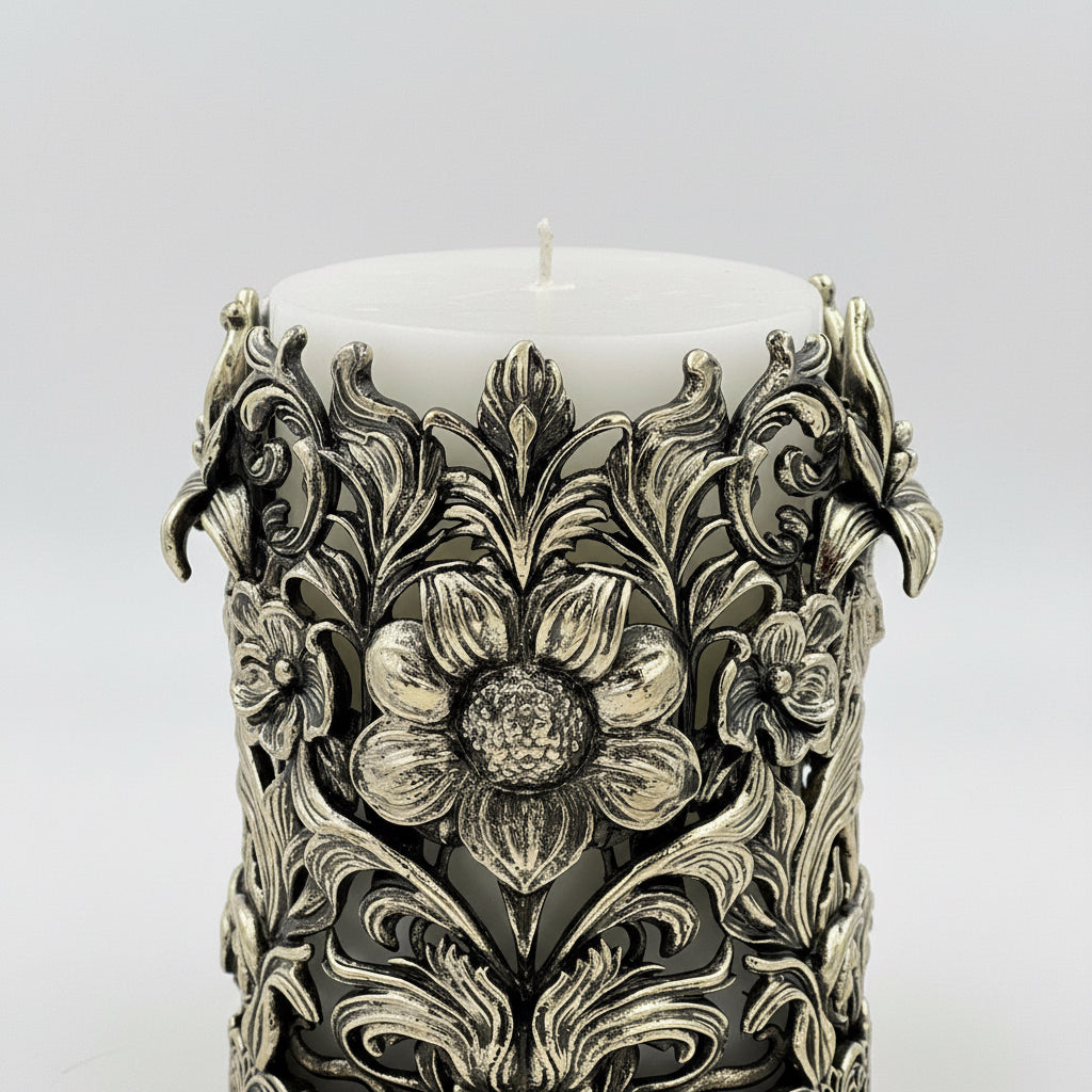 Personalized Antique Brass Candle Holder | Floral Pillar Candle Stand | Handmade Home Décor