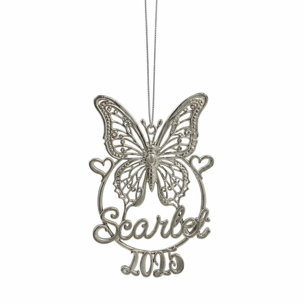 Personalised Butterfly Christmas ornament | metallic filigree name tag in gold, silver or antique | set of 2 or 4