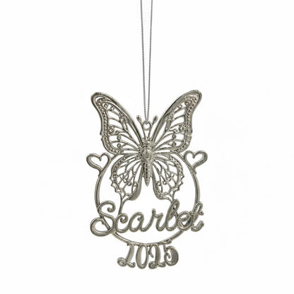 Personalised Butterfly Christmas ornament | metallic filigree name tag in gold, silver or antique | set of 2 or 4